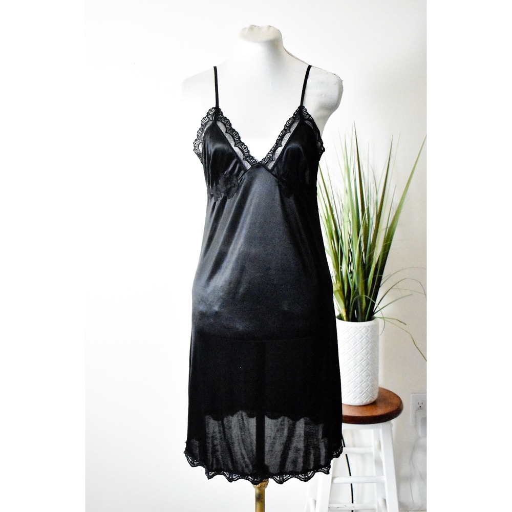Sparkle & Fade Slip Dress Women Medium Black Y2K Lace Trim Satin Lingerie Style